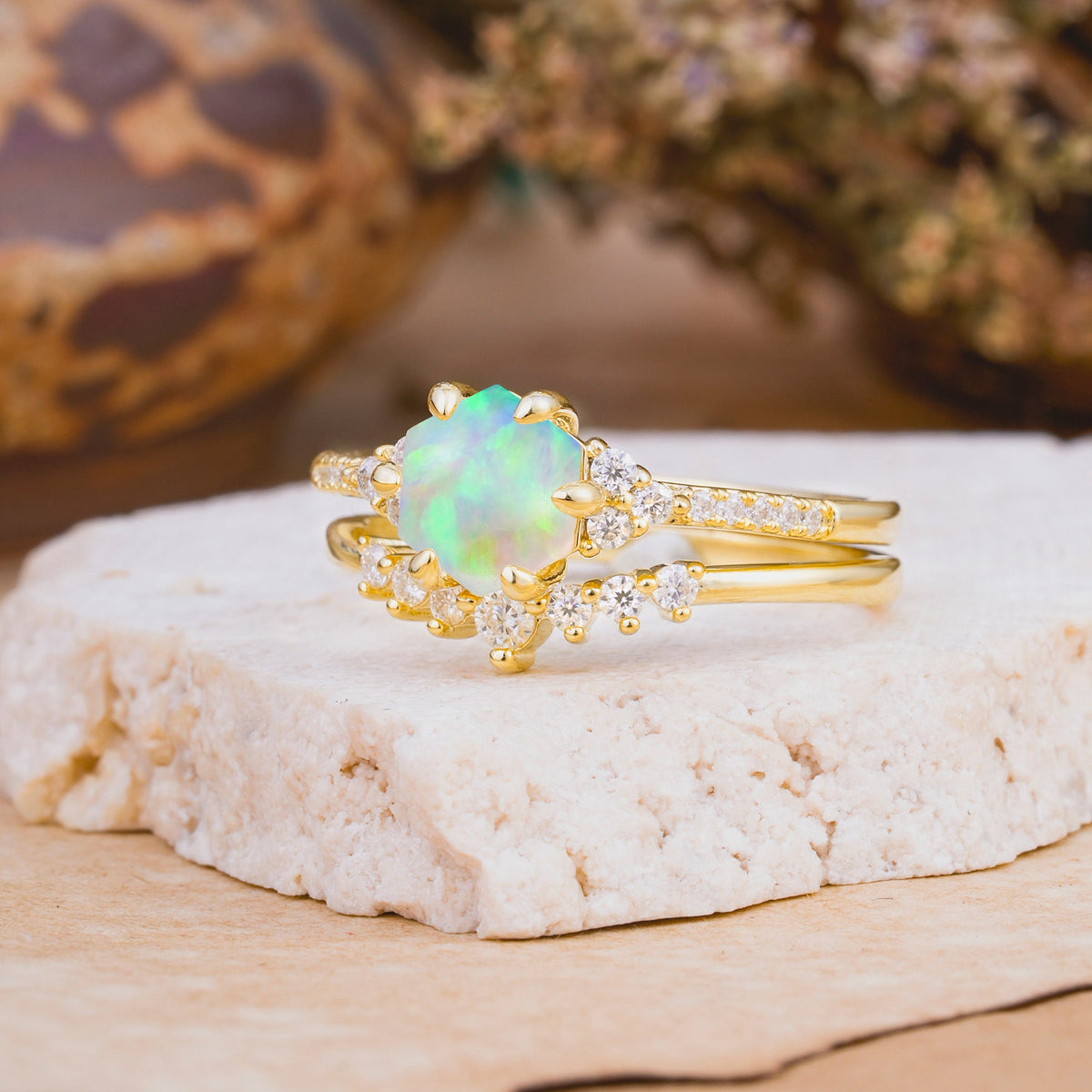 Classic 6-Prong Hexagonal-Cut Opal Bridal Ring Set