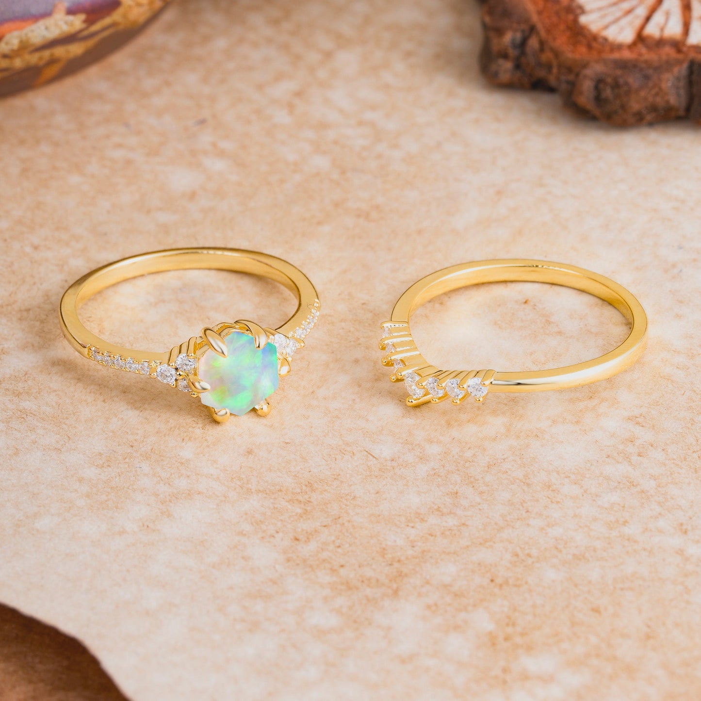Classic 6-Prong Hexagonal-Cut Opal Bridal Ring Set