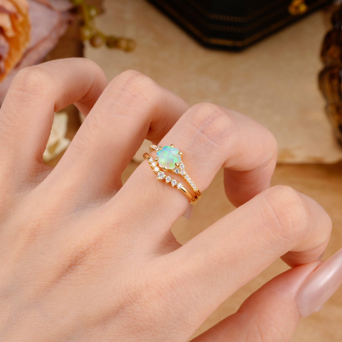 Classic 6-Prong Hexagonal-Cut Opal Bridal Ring Set