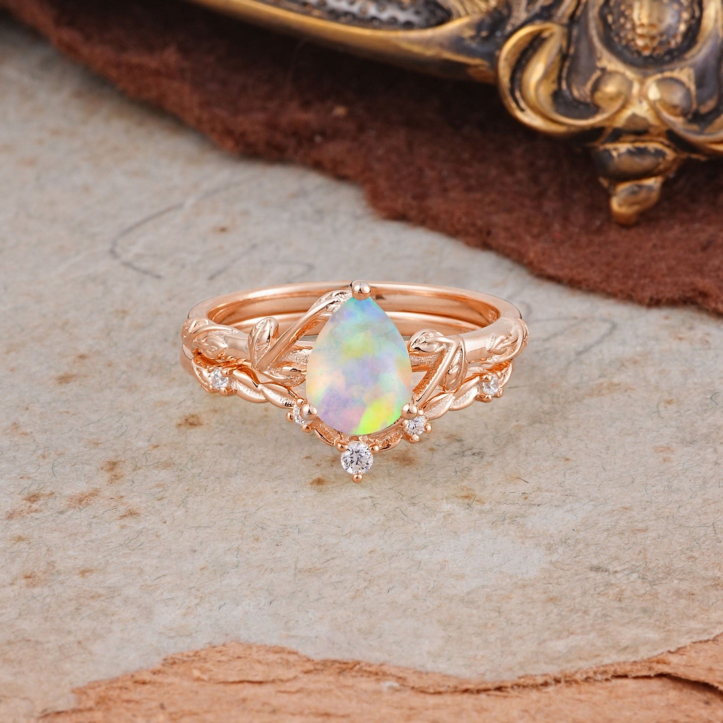 3 Prong Delicate Twisted Vine Wrapped Prong Pear Cut Opal Bridal Ring Set