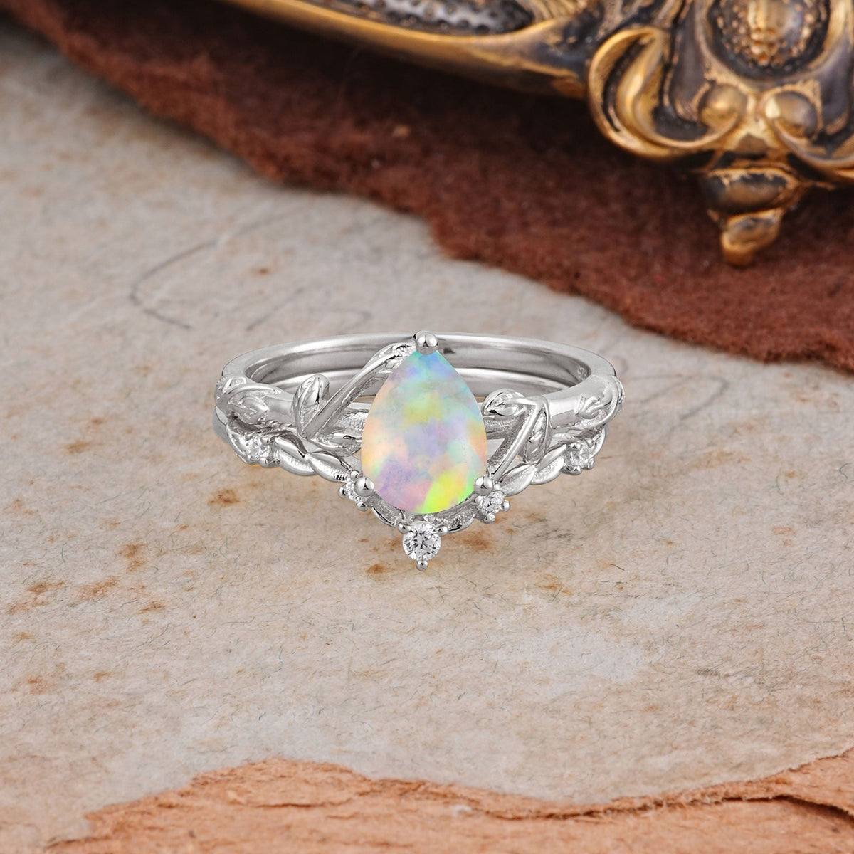 3 Prong Delicate Twisted Vine Wrapped Prong Pear Cut Opal Bridal Ring Set