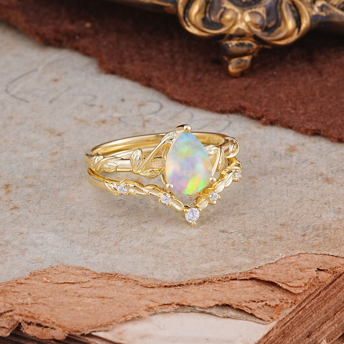 3 Prong Delicate Twisted Vine Wrapped Prong Pear Cut Opal Bridal Ring Set