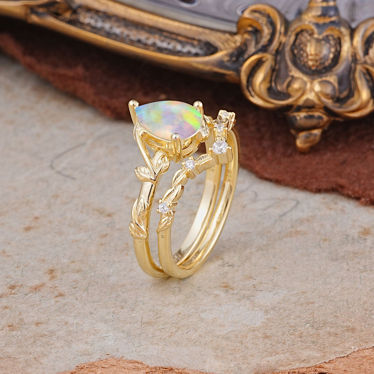 3 Prong Delicate Twisted Vine Wrapped Prong Pear Cut Opal Bridal Ring Set