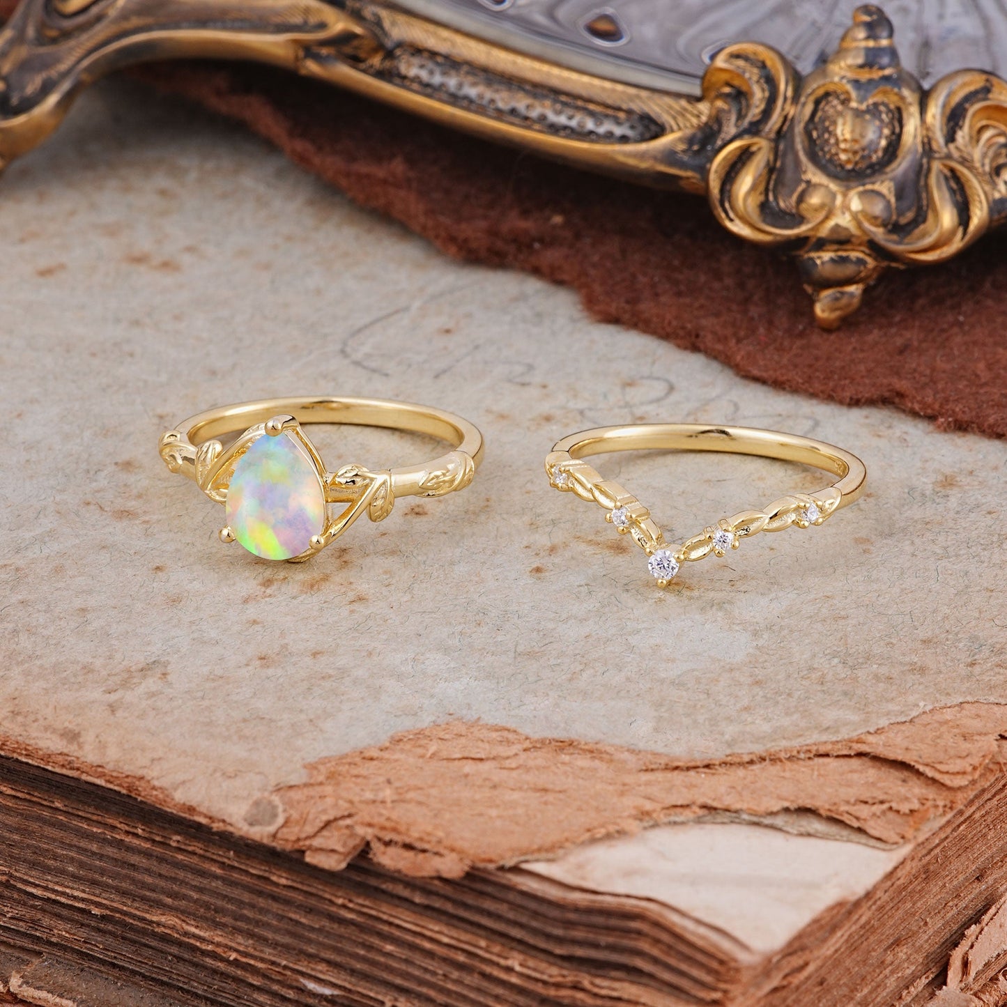 3 Prong Delicate Twisted Vine Wrapped Prong Pear Cut Opal Bridal Ring Set