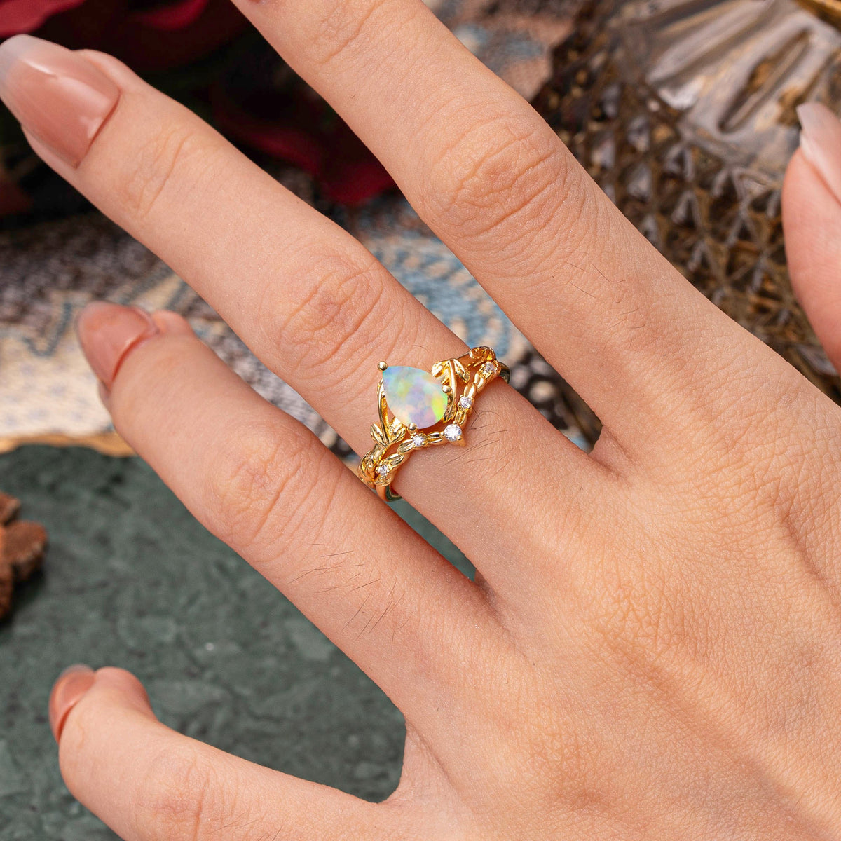 3 Prong Delicate Twisted Vine Wrapped Prong Pear Cut Opal Bridal Ring Set