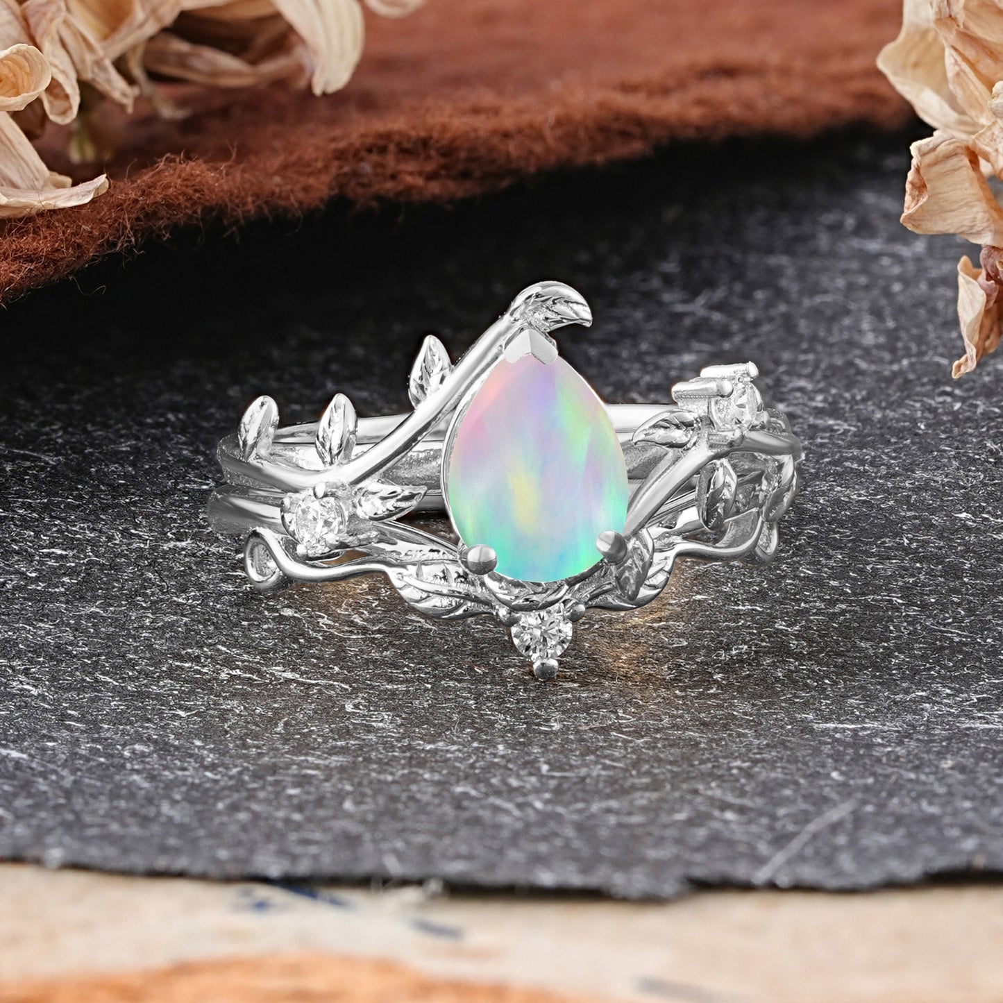 Elegant 3 - Prong Pear - Cut Opal Bridal Ring Set