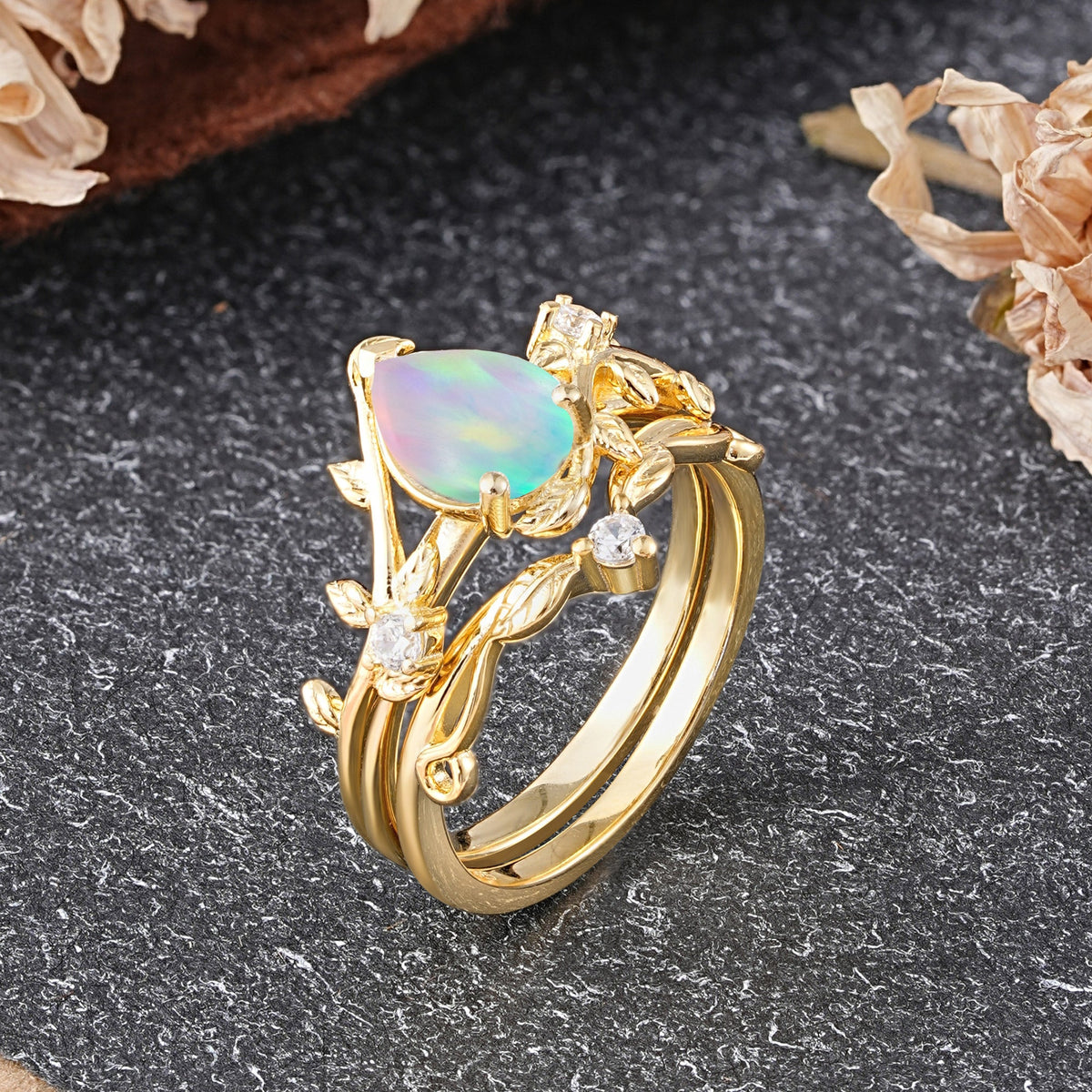 Elegant 3 - Prong Pear - Cut Opal Bridal Ring Set