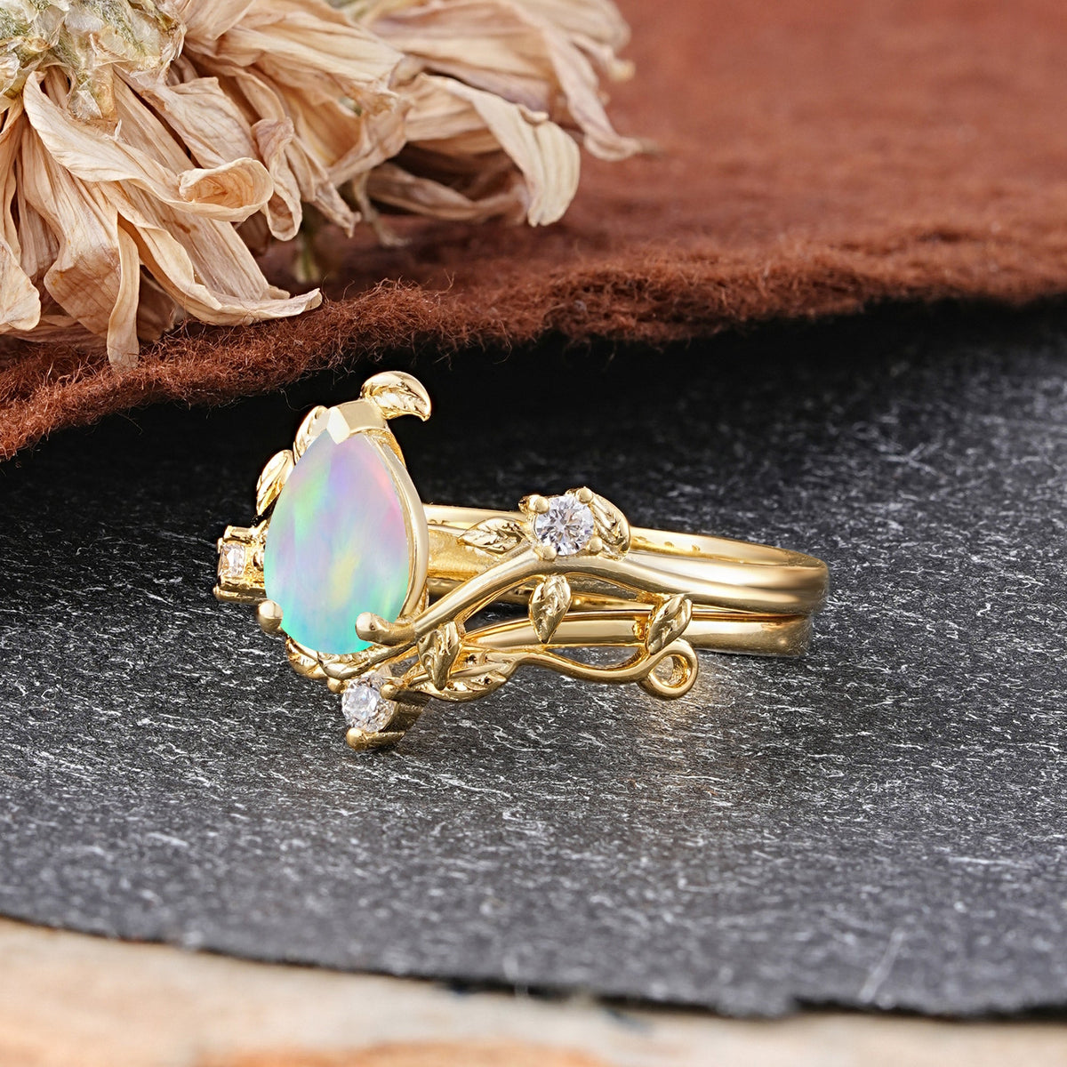 Elegant 3 - Prong Pear - Cut Opal Bridal Ring Set