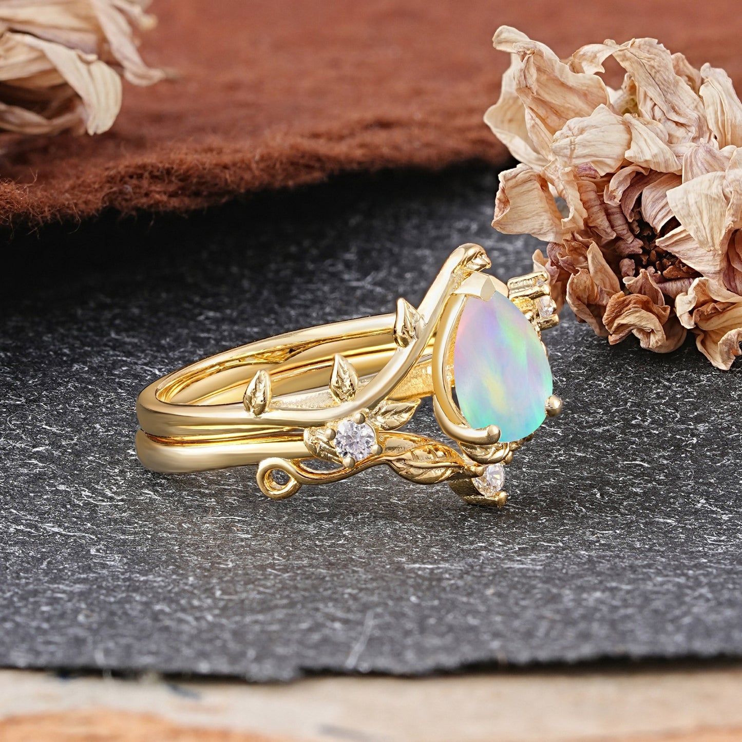 Elegant 3 - Prong Pear - Cut Opal Bridal Ring Set