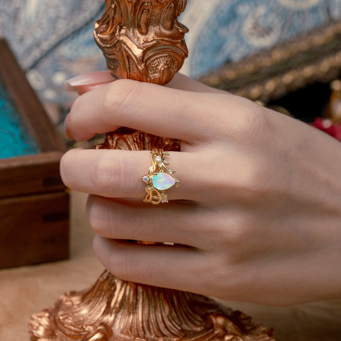 Elegant 3 - Prong Pear - Cut Opal Bridal Ring Set