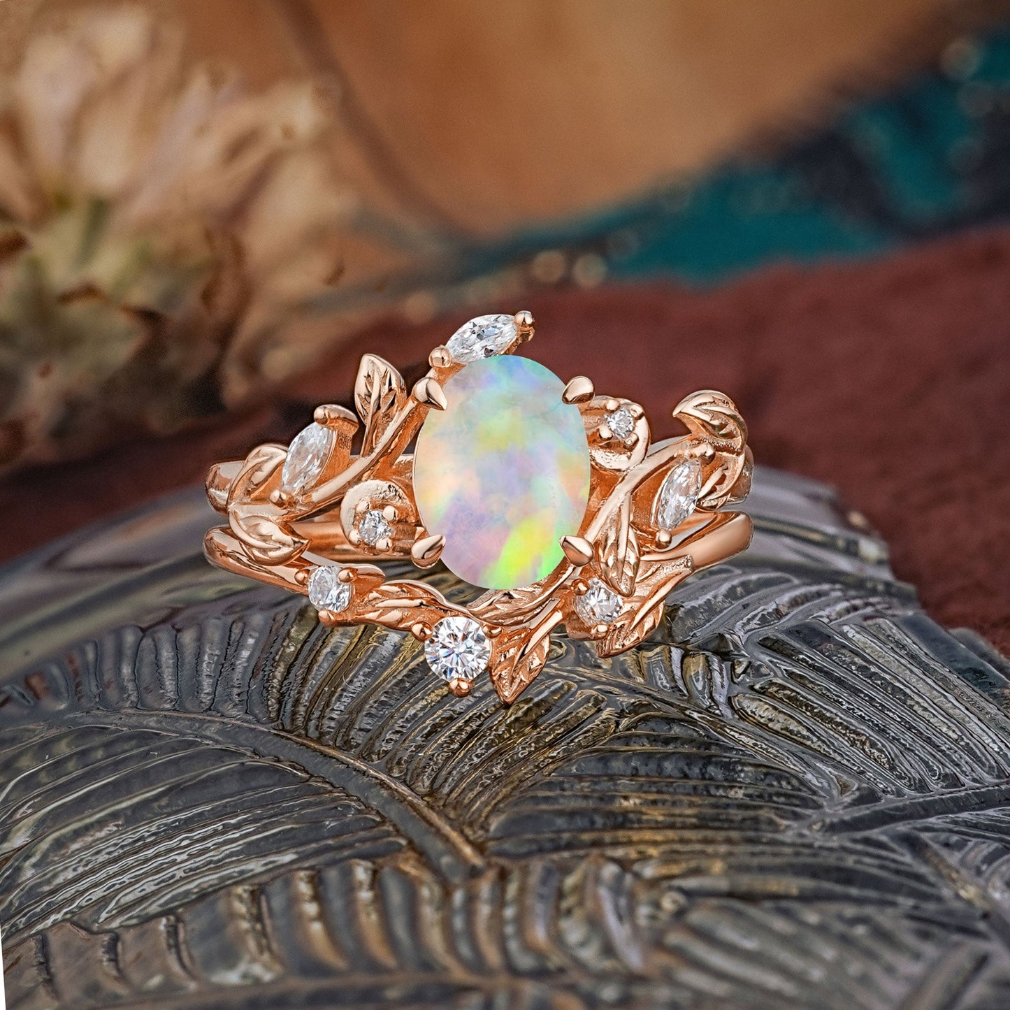 1.15 CT Delicate Leaf Accented 4 Prong Oval Shaped Opal Bridal Ring Set