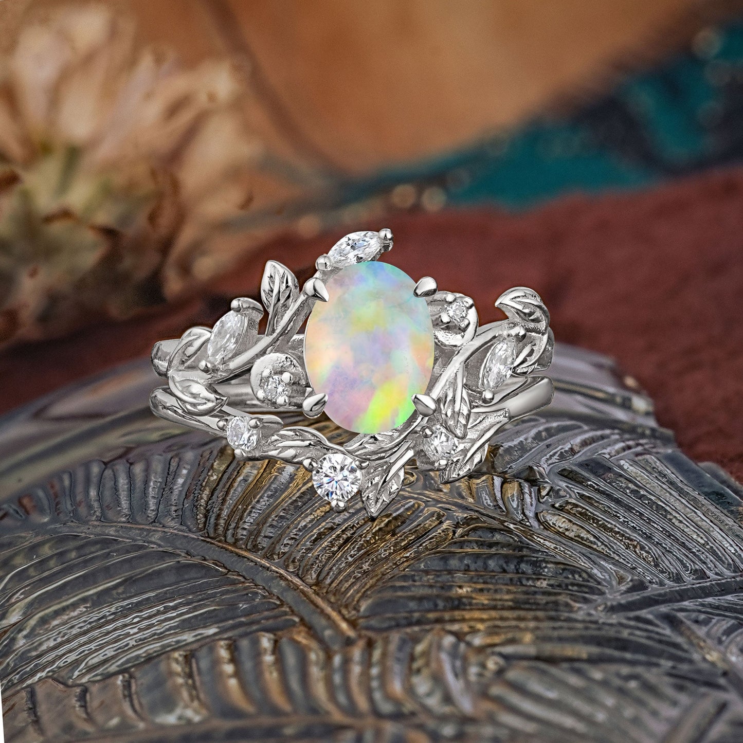 1.15 CT Delicate Leaf Accented 4 Prong Oval Shaped Opal Bridal Ring Set