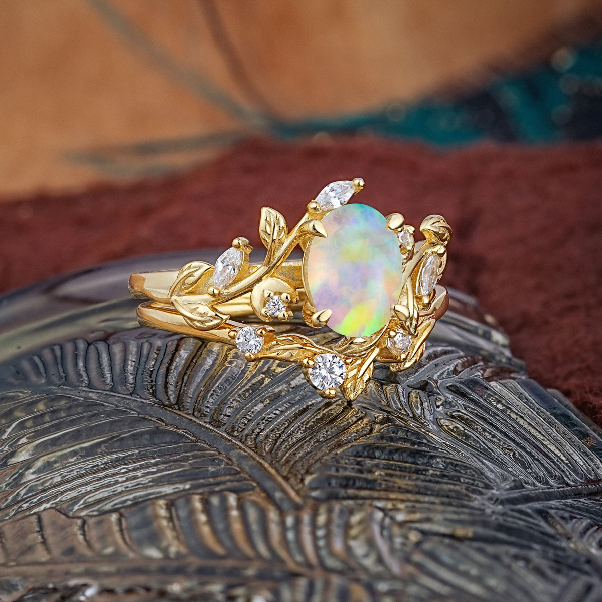 1.15 CT Delicate Leaf Accented 4 Prong Oval Shaped Opal Bridal Ring Set