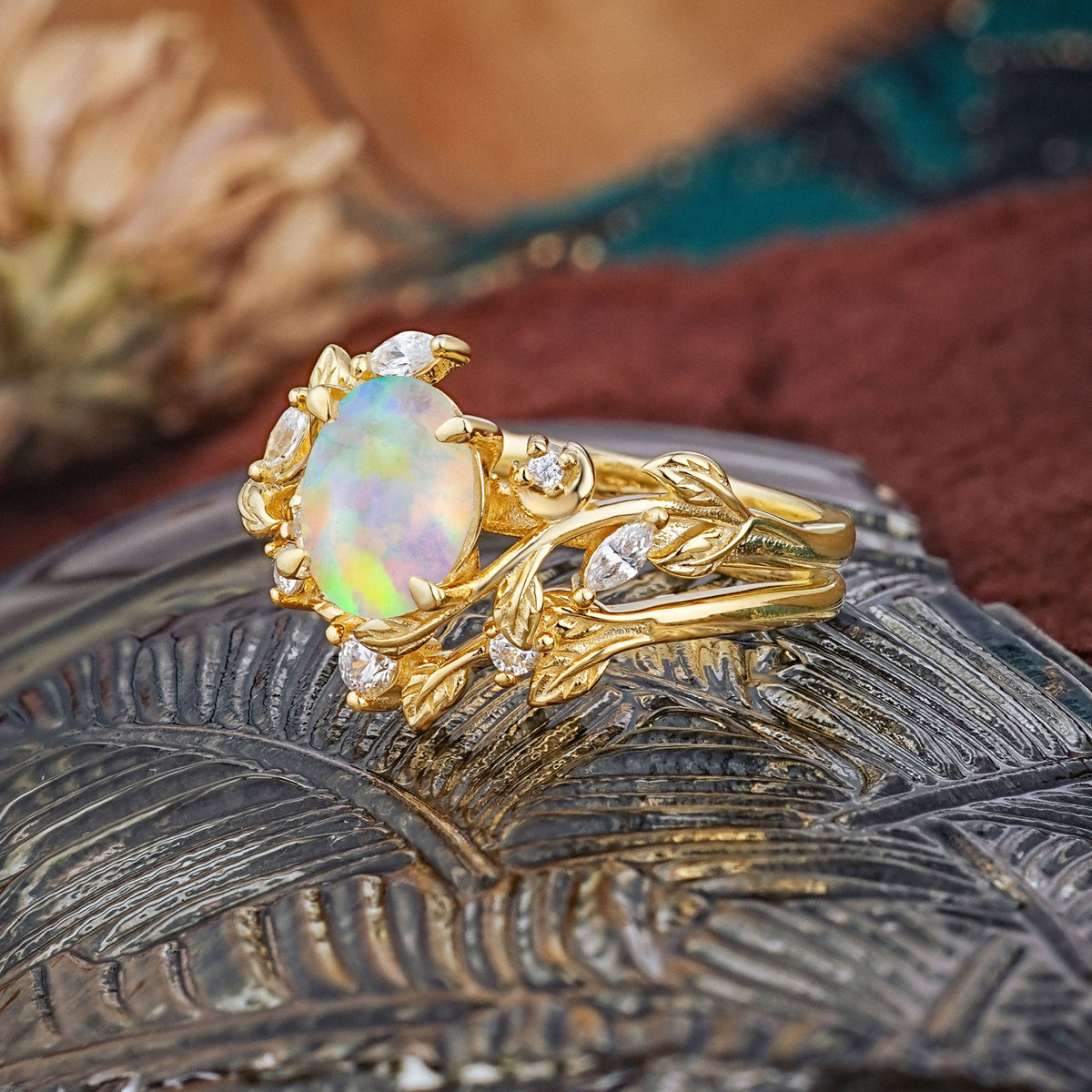 1.15 CT Delicate Leaf Accented 4 Prong Oval Shaped Opal Bridal Ring Set