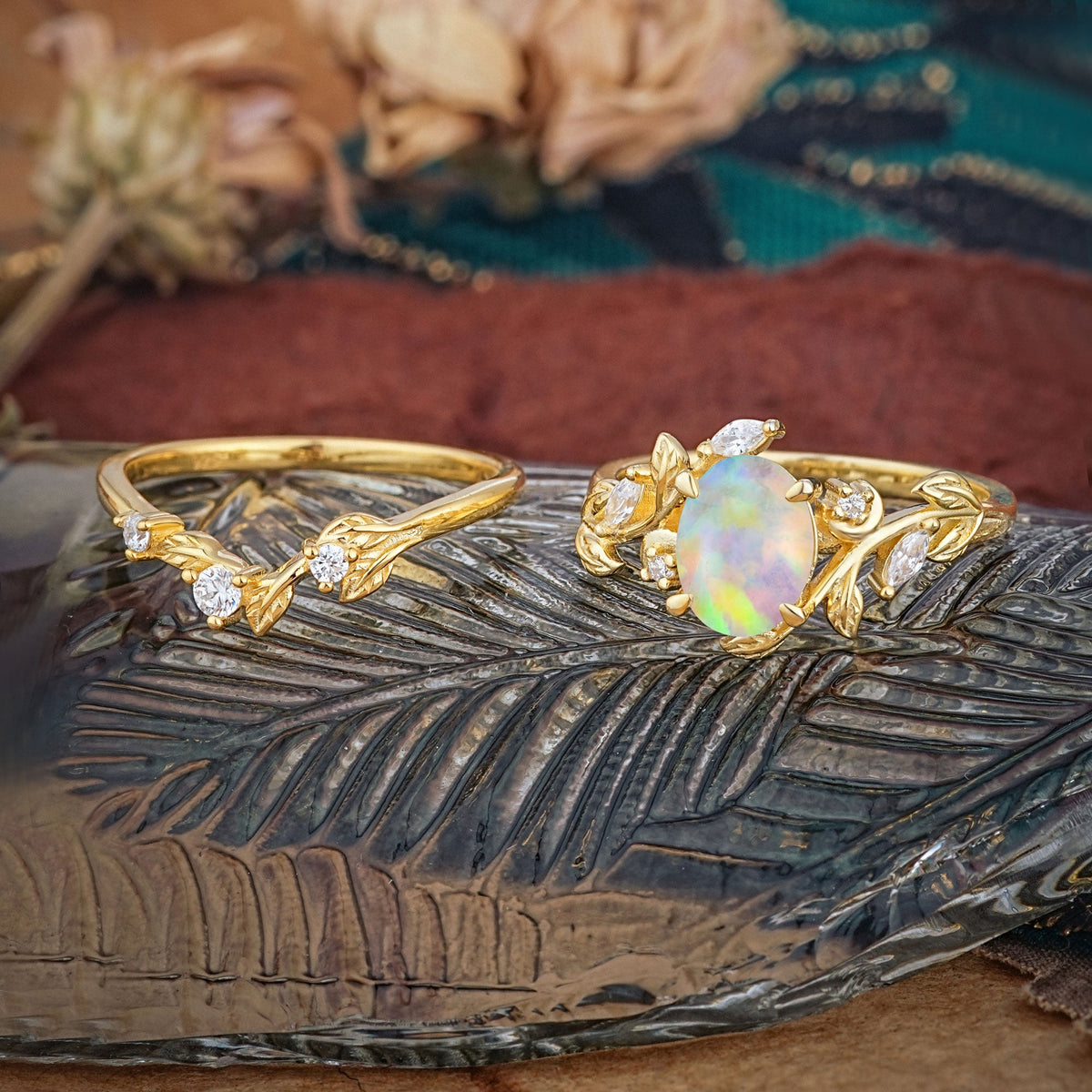 1.15 CT Delicate Leaf Accented 4 Prong Oval Shaped Opal Bridal Ring Set