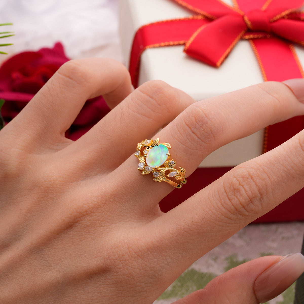 1.15 CT Delicate Leaf Accented 4 Prong Oval Shaped Opal Bridal Ring Set