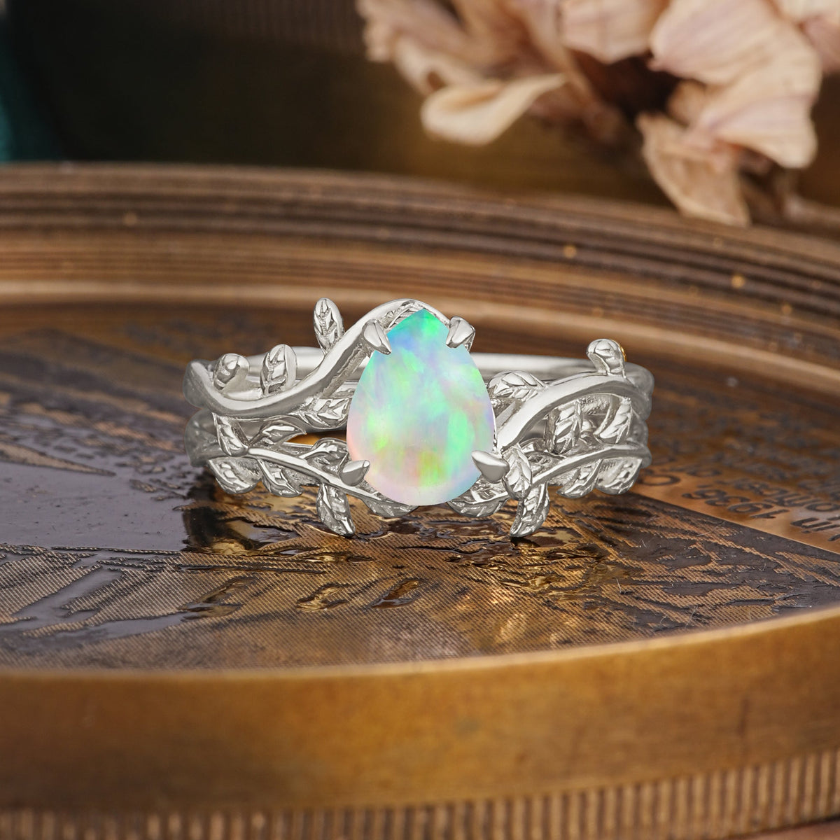 Artistic Vine  Themed 4 - Prong Pear Cut Opal Bridal Ring Set
