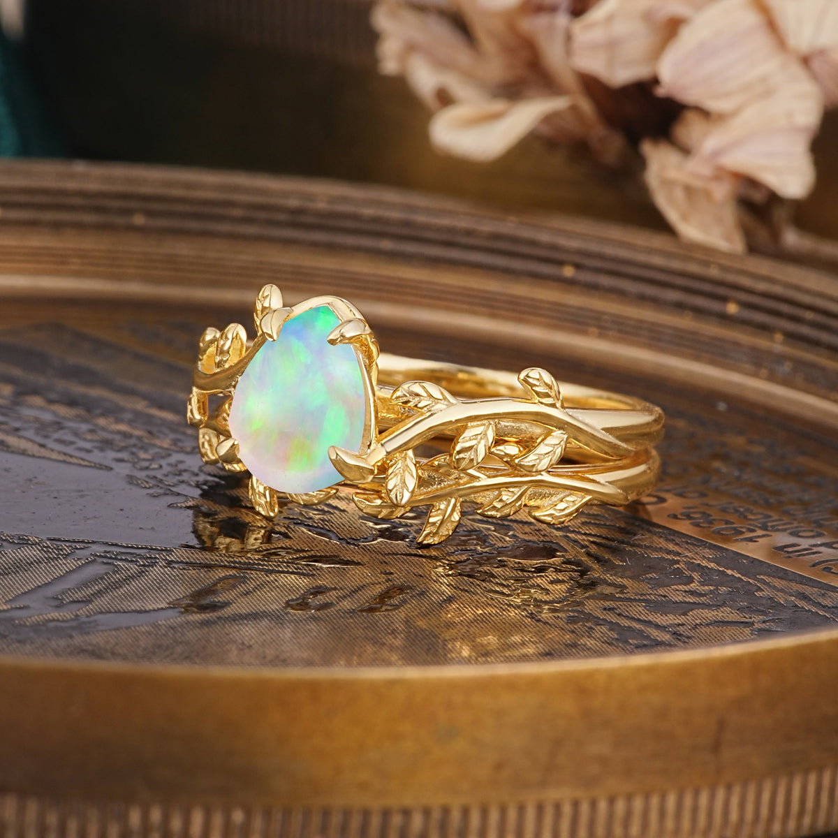 Artistic Vine  Themed 4 - Prong Pear Cut Opal Bridal Ring Set