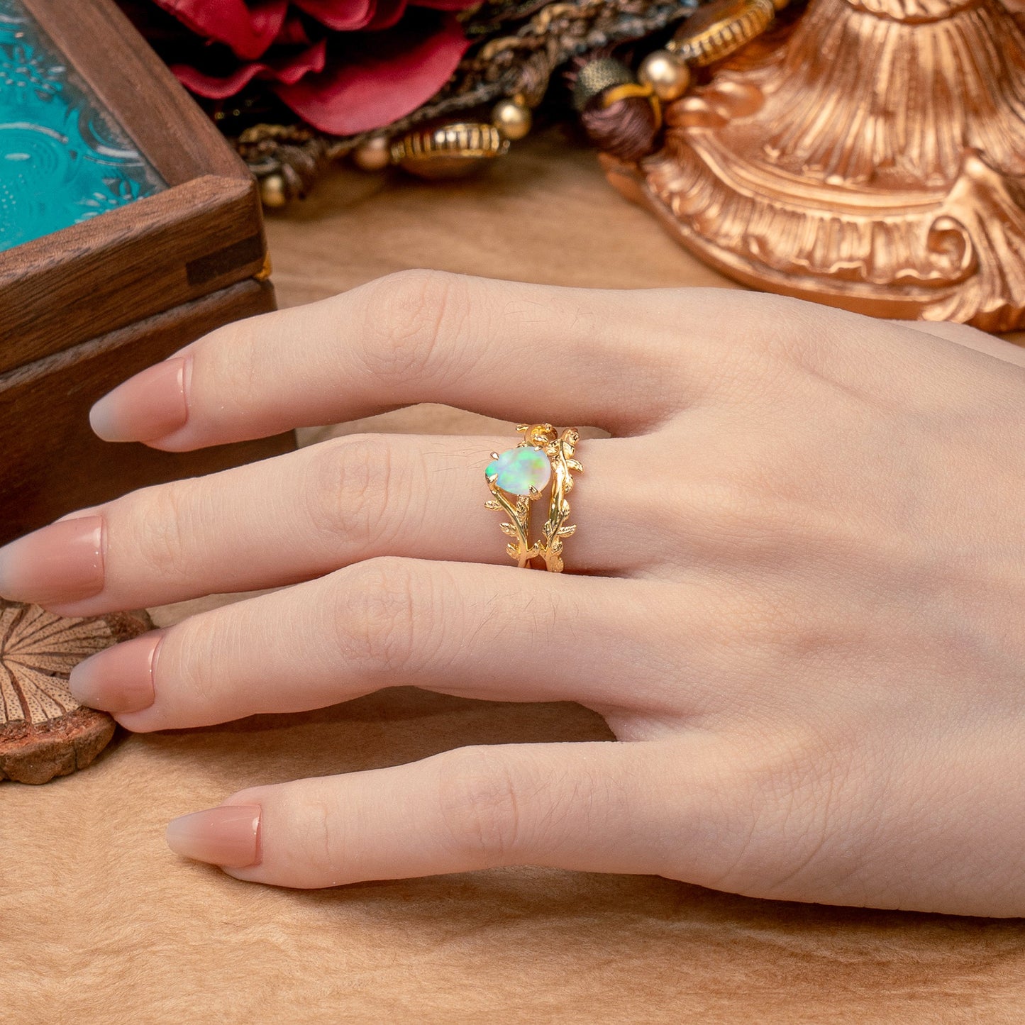 Artistic Vine  Themed 4 - Prong Pear Cut Opal Bridal Ring Set