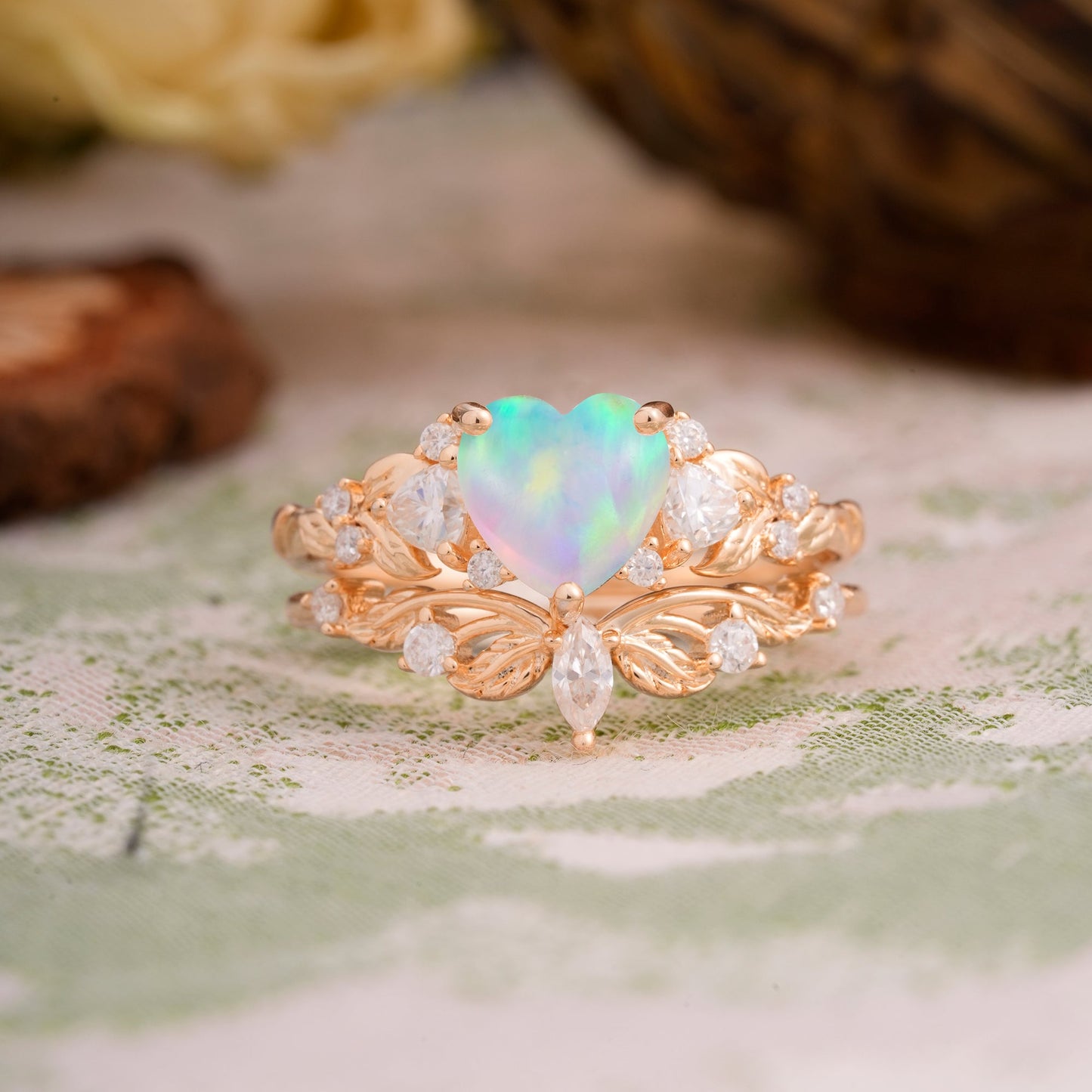 Nature - Inspired 3 - Prong Heart - Cut Opal Bridal Ring Set