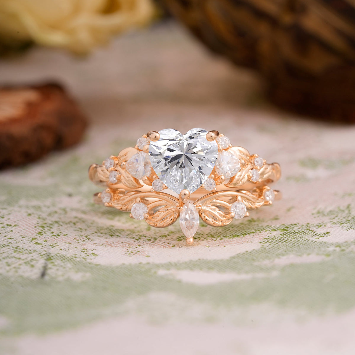 Nature - Inspired 3 - Prong Heart - Cut Lab Diamond Bridal Ring Set