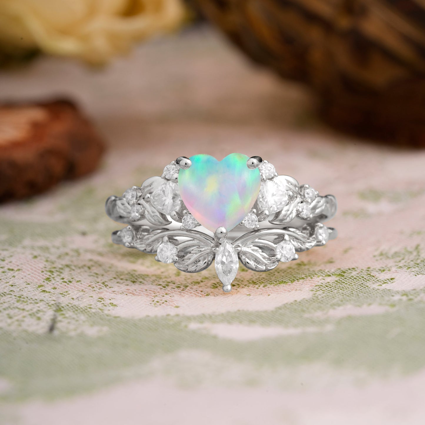 Nature - Inspired 3 - Prong Heart - Cut Opal Bridal Ring Set