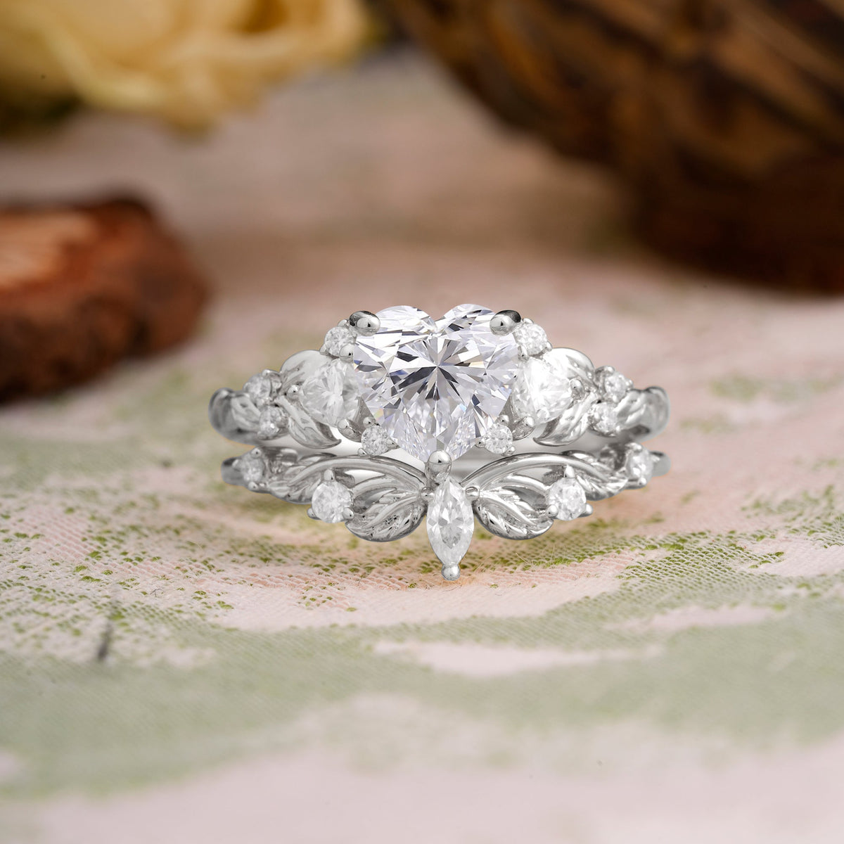 Nature - Inspired 3 - Prong Heart - Cut Lab Diamond Bridal Ring Set