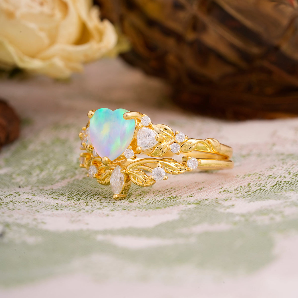 Nature - Inspired 3 - Prong Heart - Cut Opal Bridal Ring Set