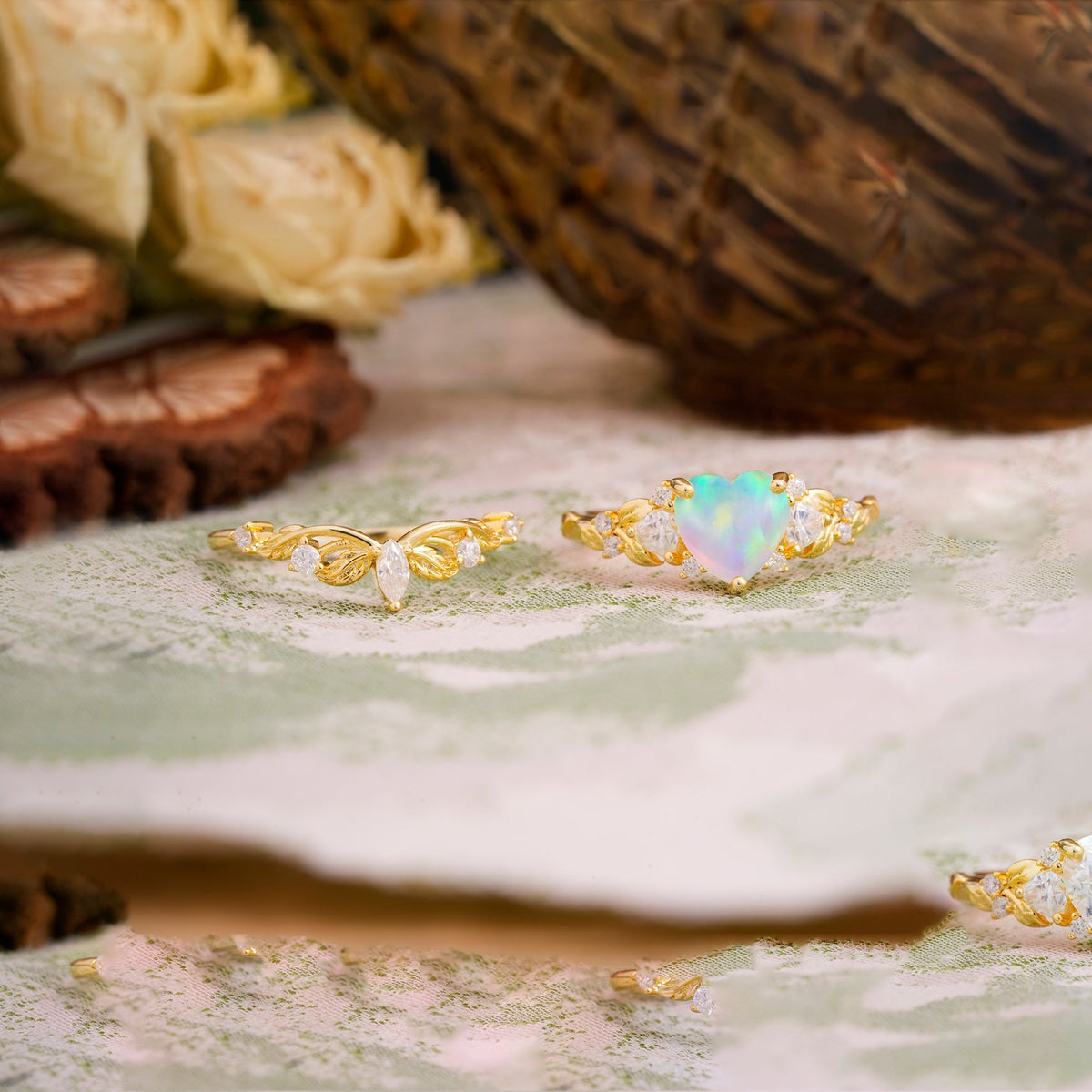 Nature - Inspired 3 - Prong Heart - Cut Opal Bridal Ring Set
