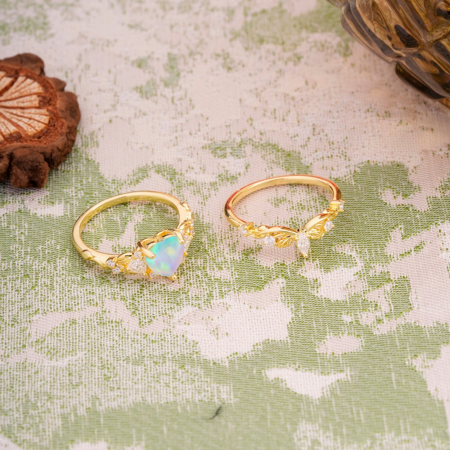 Nature - Inspired 3 - Prong Heart - Cut Opal Bridal Ring Set