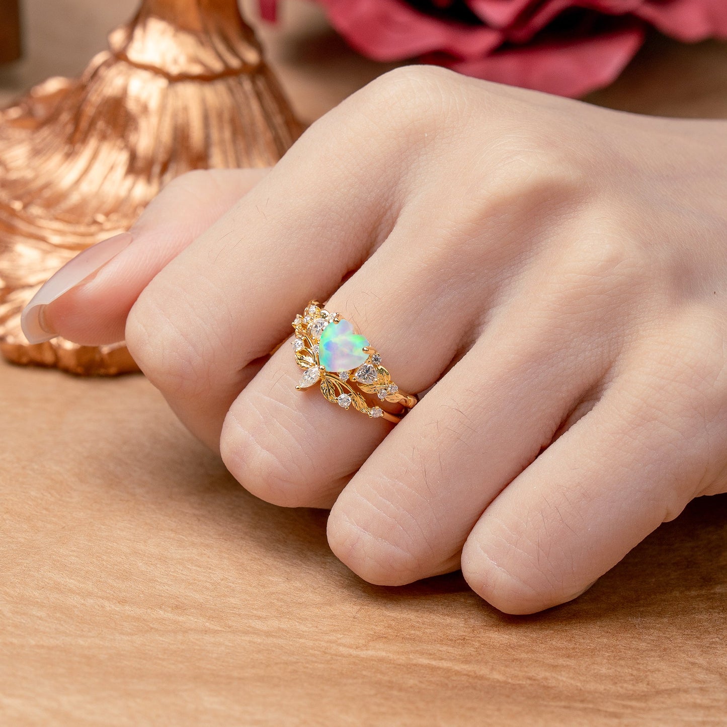 Nature - Inspired 3 - Prong Heart - Cut Opal Bridal Ring Set