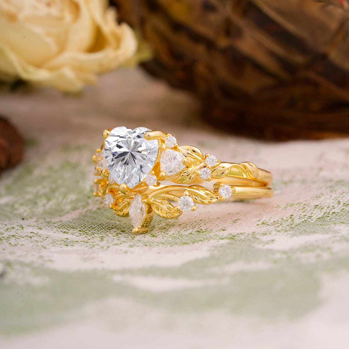 Nature - Inspired 3 - Prong Heart - Cut Lab Diamond Bridal Ring Set