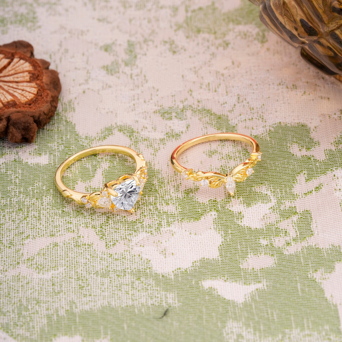 Nature - Inspired 3 - Prong Heart - Cut Lab Diamond Bridal Ring Set