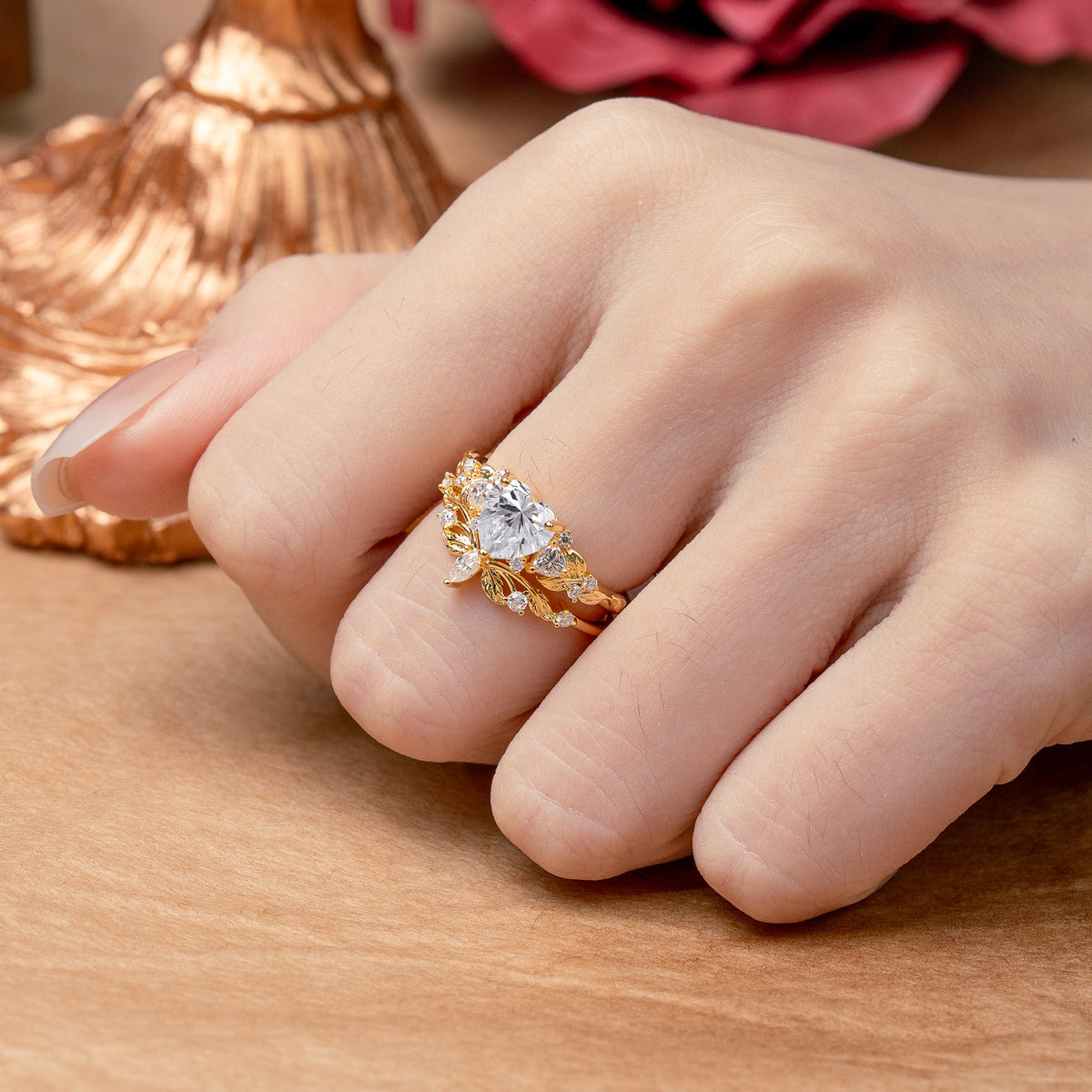 Nature - Inspired 3 - Prong Heart - Cut Lab Diamond Bridal Ring Set