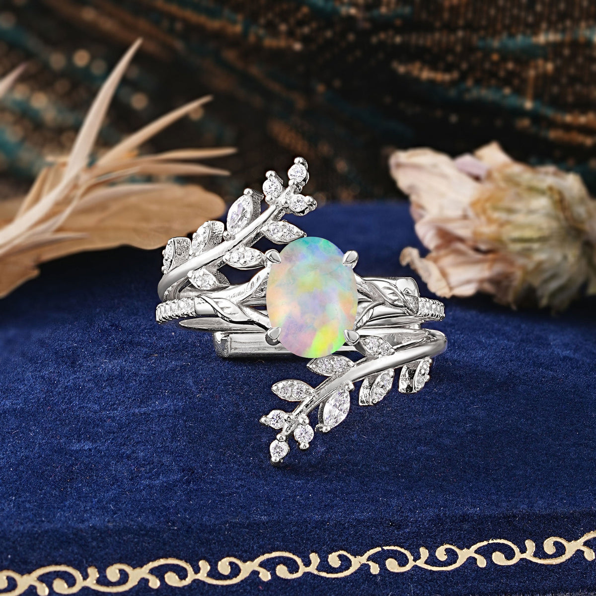 Delicate Leaf Embellished 4 - Prong Oval - Cut Opal Bridal Ring Set