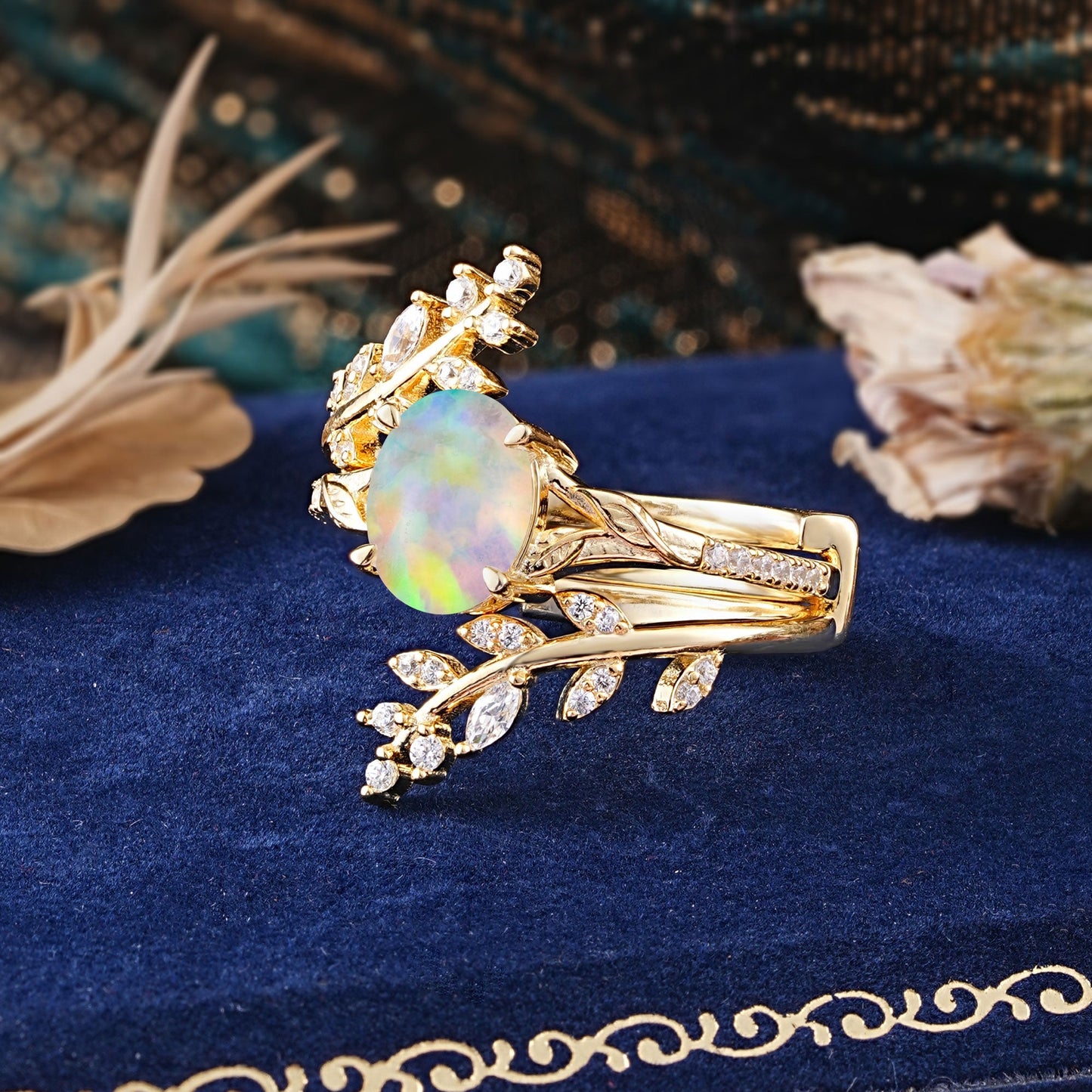 Delicate Leaf Embellished 4 - Prong Oval - Cut Opal Bridal Ring Set