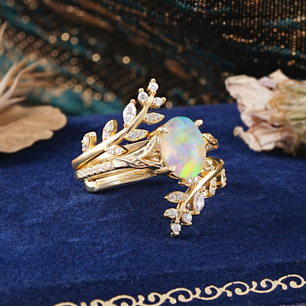 Delicate Leaf Embellished 4 - Prong Oval - Cut Opal Bridal Ring Set