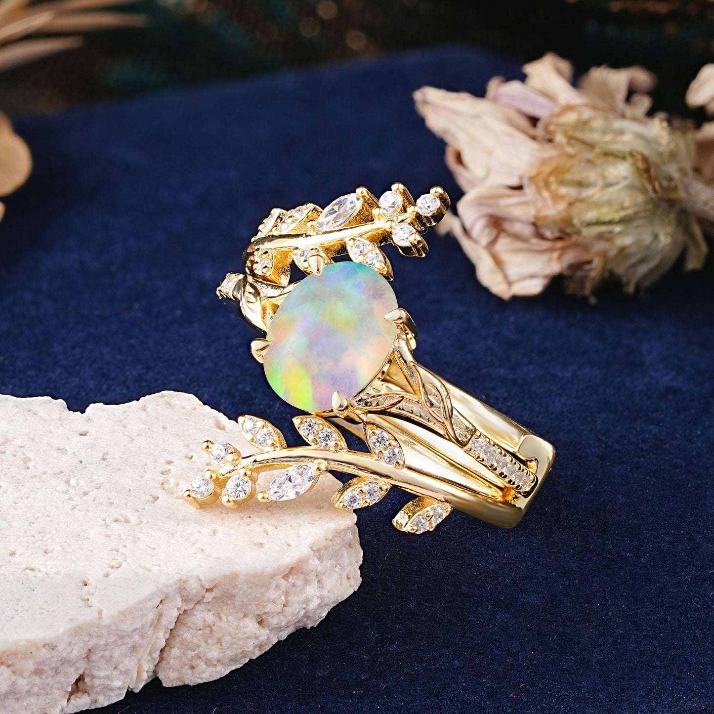 Delicate Leaf Embellished 4 - Prong Oval - Cut Opal Bridal Ring Set