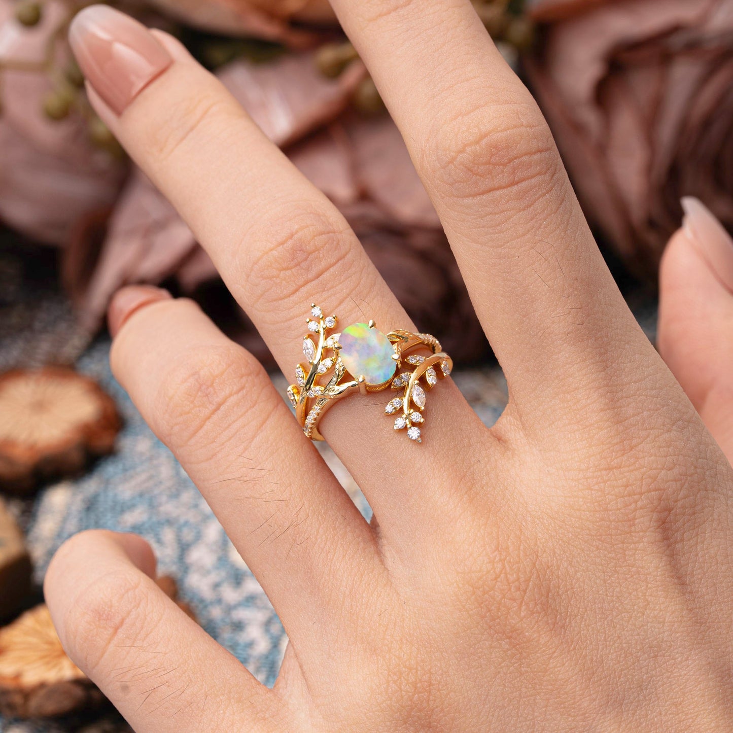 Delicate Leaf Embellished 4 - Prong Oval - Cut Opal Bridal Ring Set