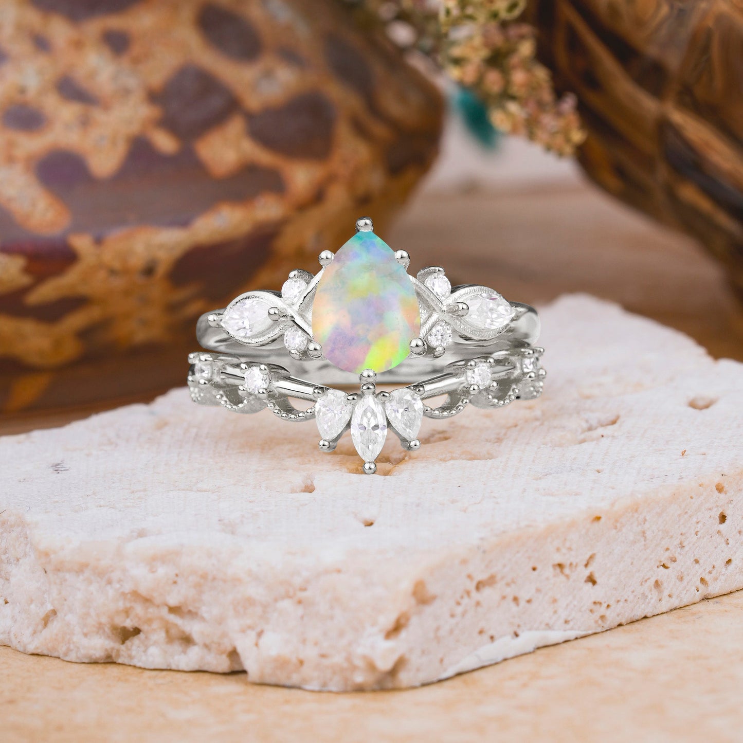 6 Prong Romantic Vine Themed Pear Cut Opal Bridal Ring Set