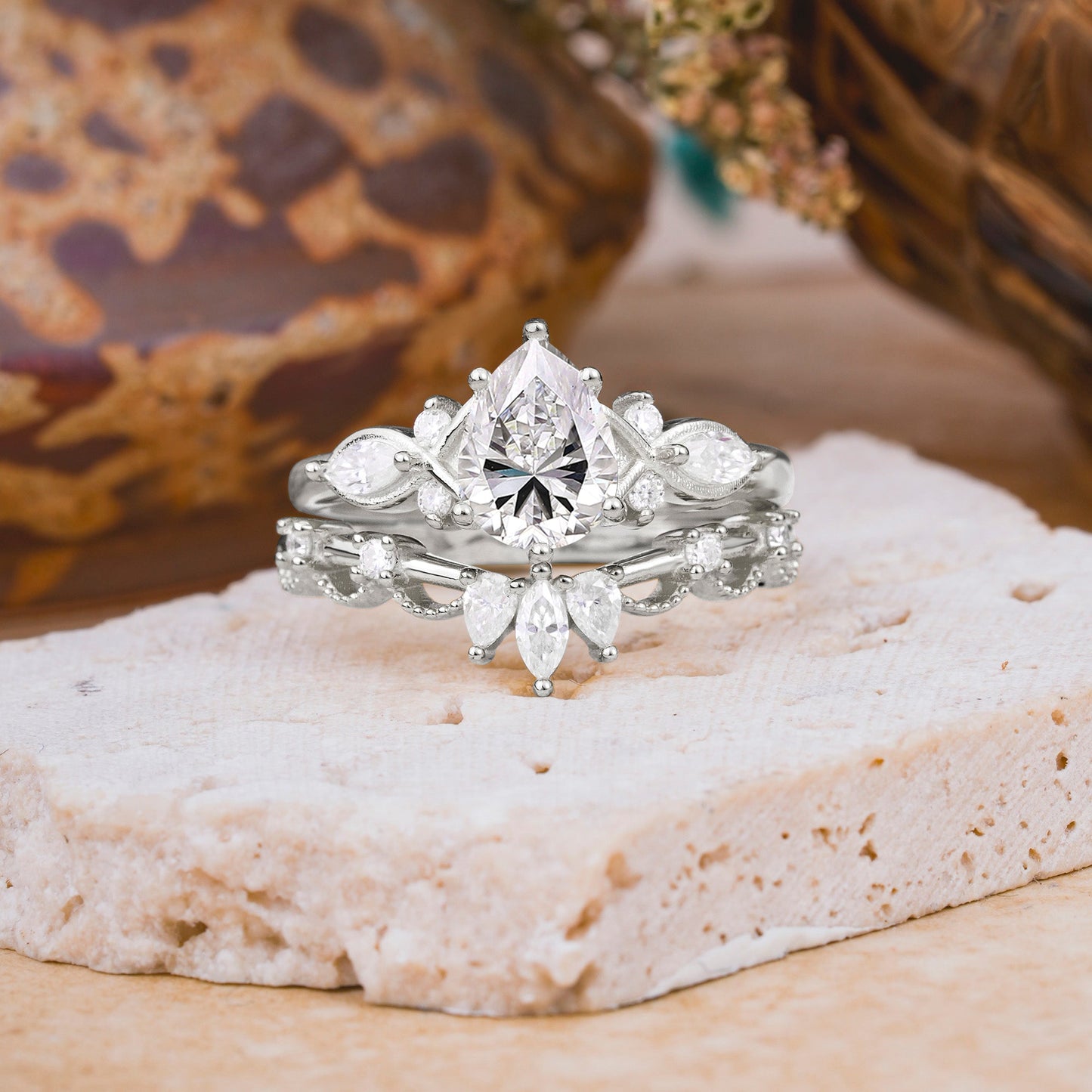 6 Prong Romantic Vine Themed Pear Cut Lab Diamond Bridal Ring Set