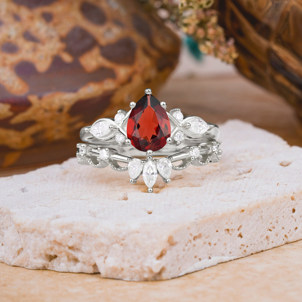 6 Prong Romantic Vine Themed Pear Cut Garnet Bridal Ring Set