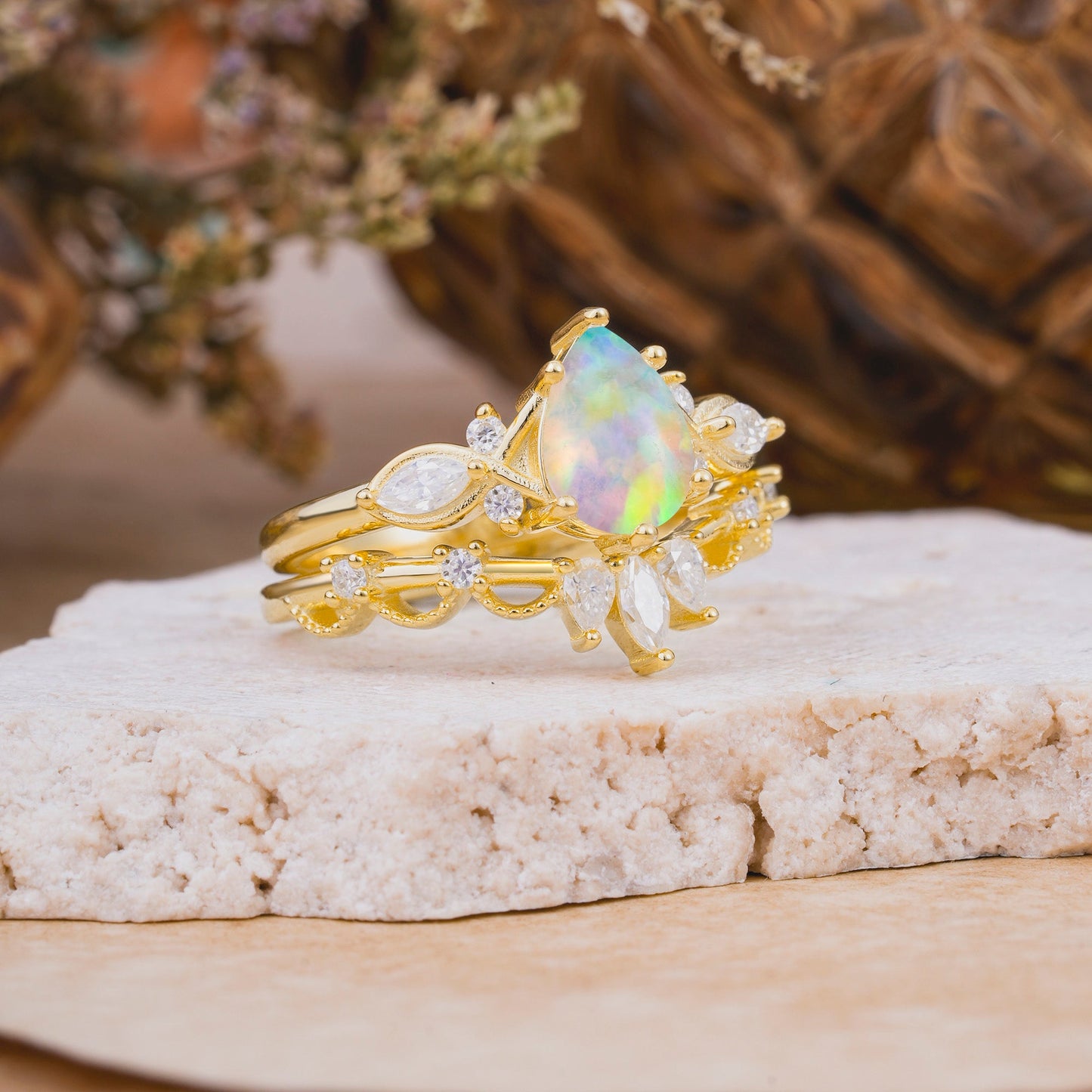 6 Prong Romantic Vine Themed Pear Cut Opal Bridal Ring Set