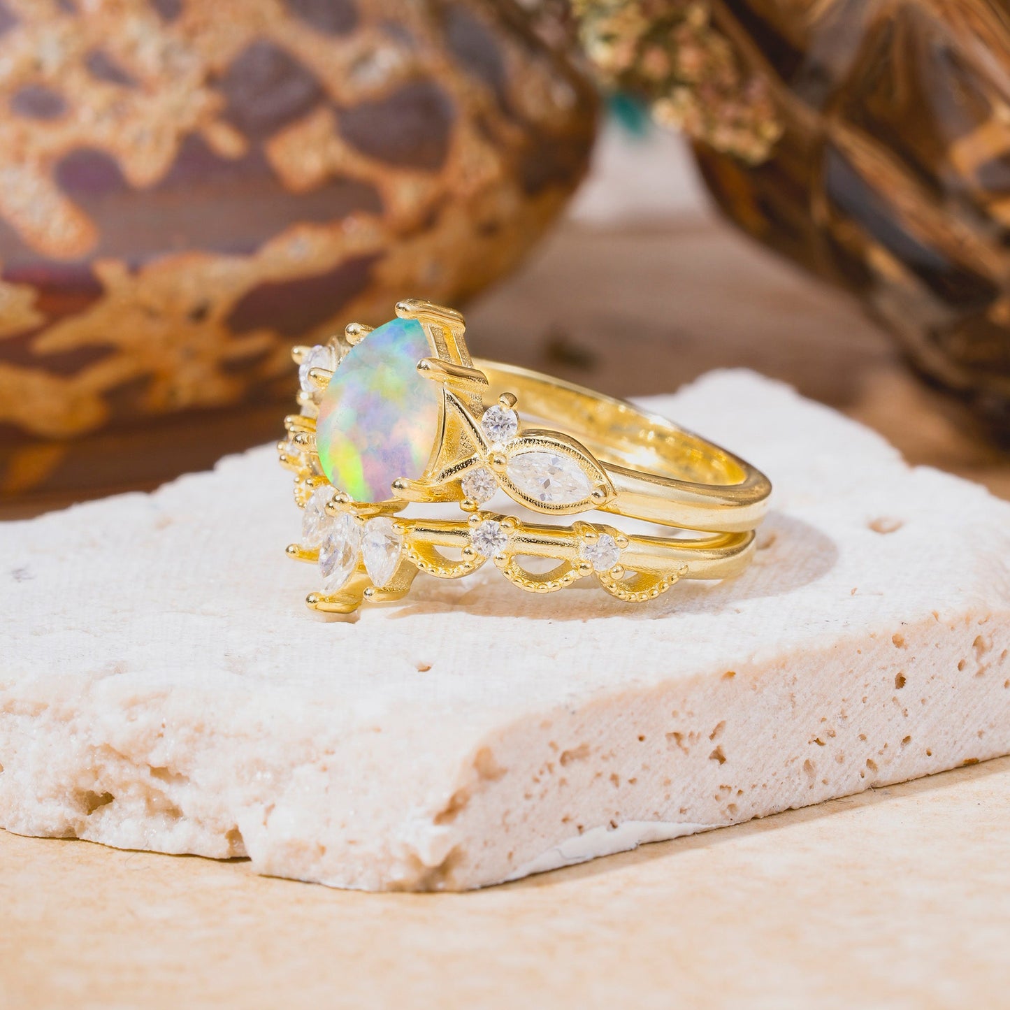 6 Prong Romantic Vine Themed Pear Cut Opal Bridal Ring Set