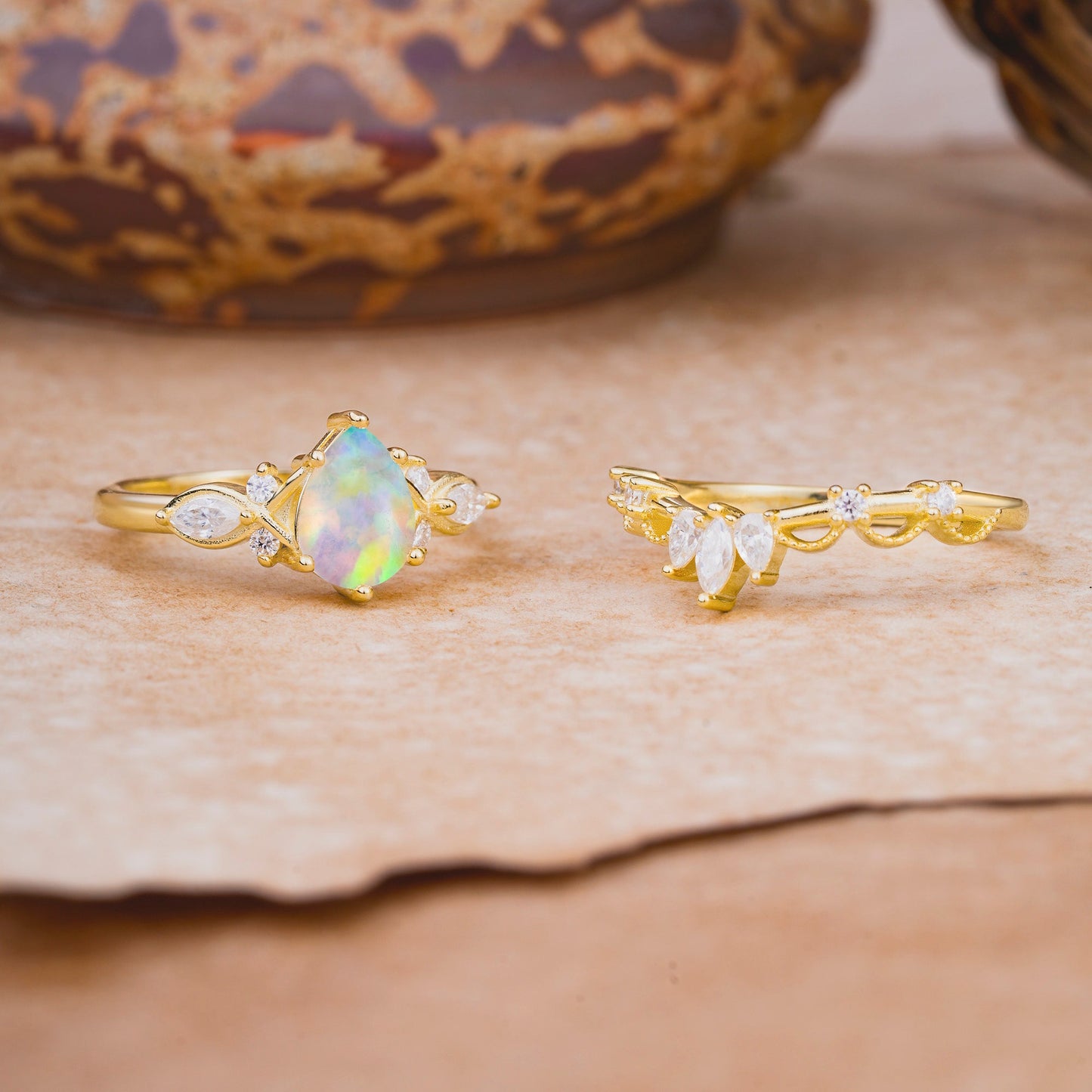 6 Prong Romantic Vine Themed Pear Cut Opal Bridal Ring Set
