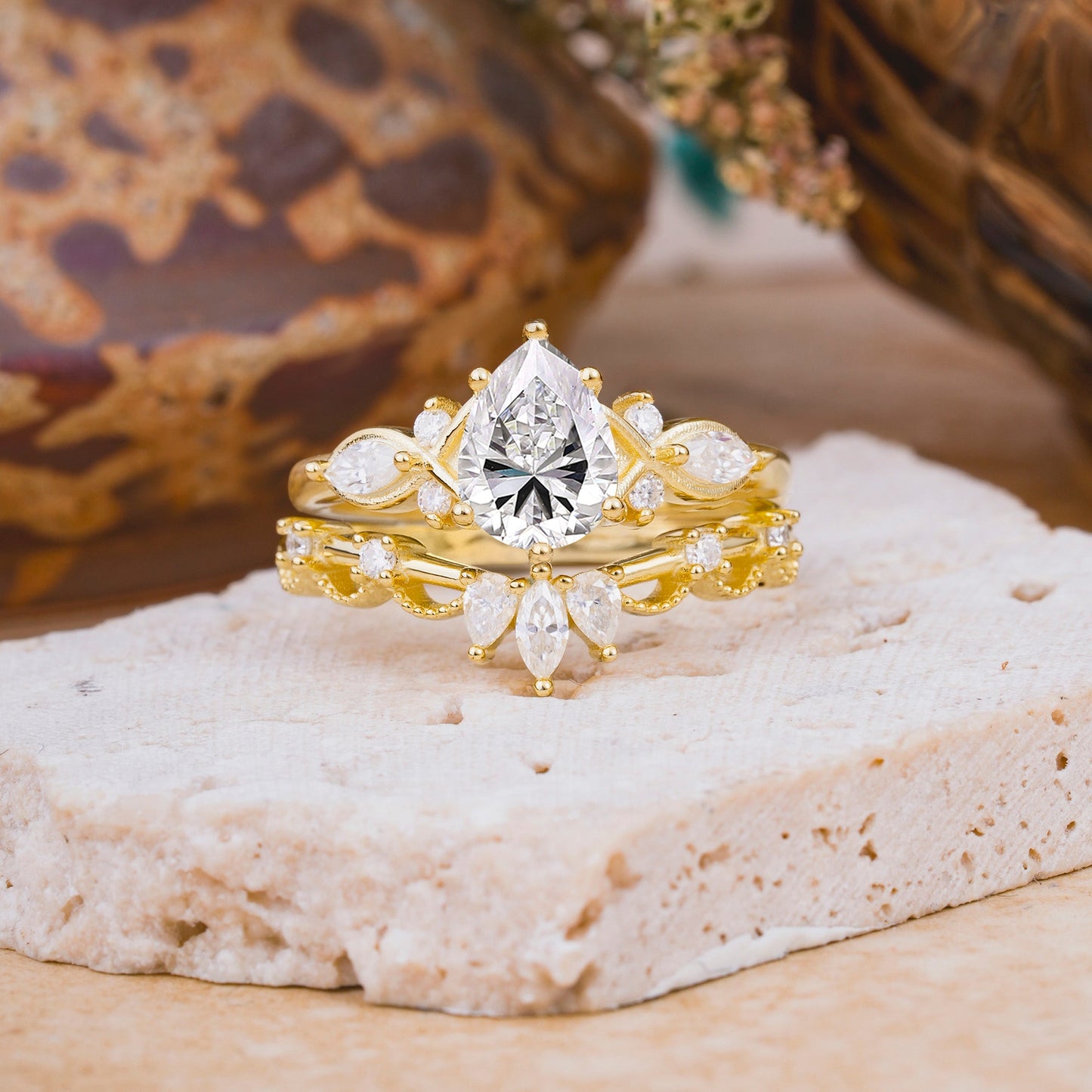 6 Prong Romantic Vine Themed Pear Cut Lab Diamond Bridal Ring Set