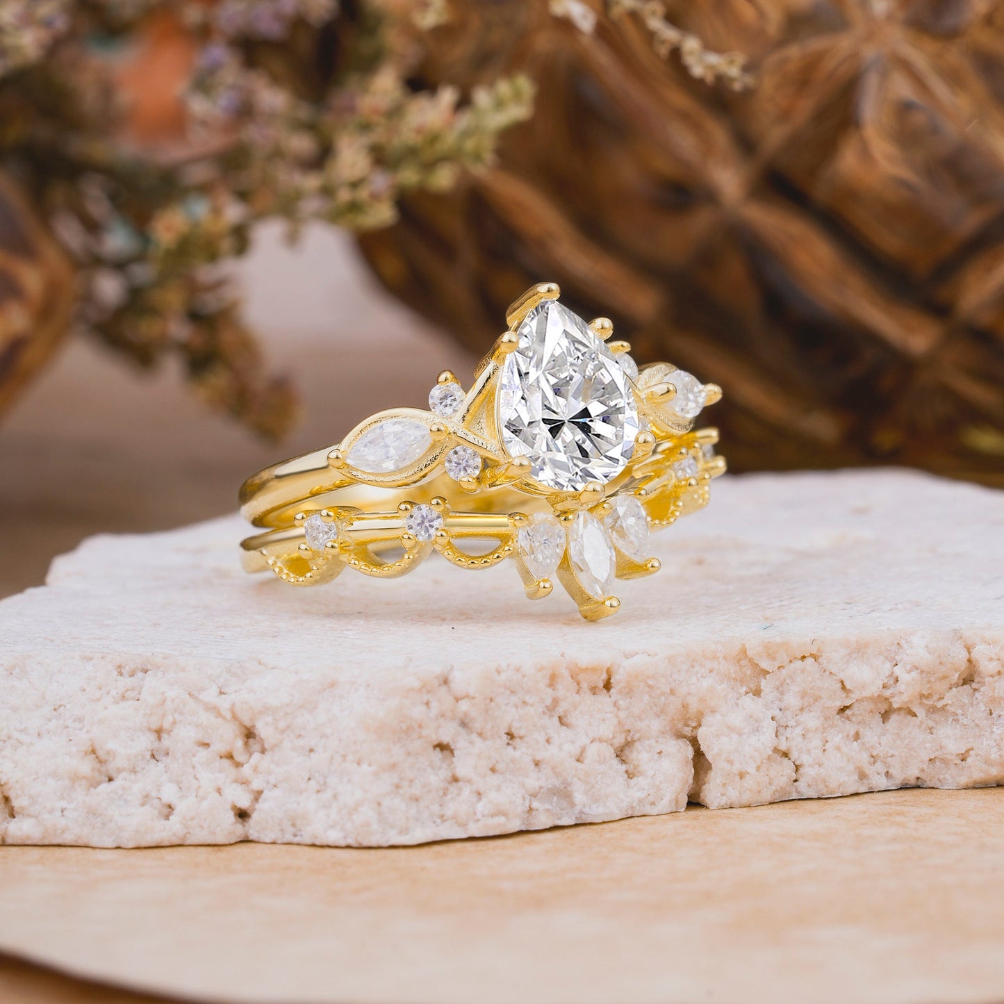 6 Prong Romantic Vine Themed Pear Cut Lab Diamond Bridal Ring Set