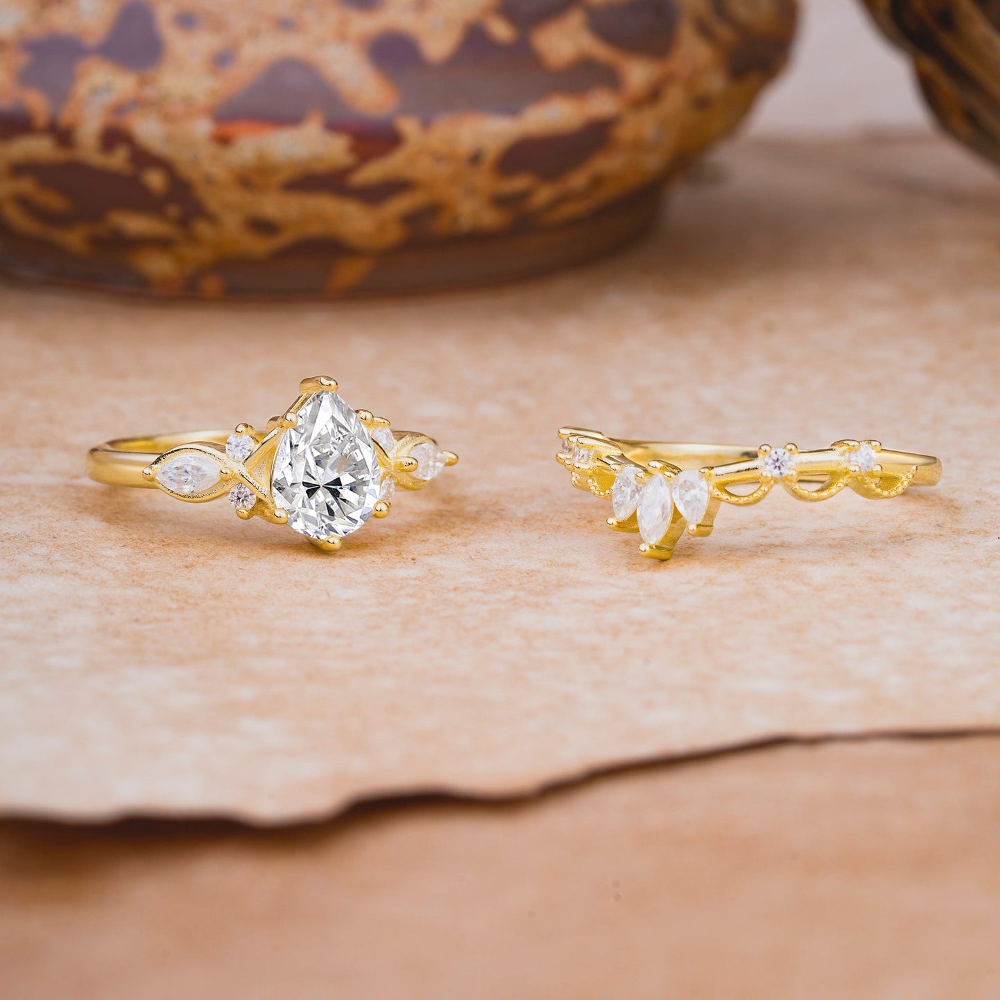 6 Prong Romantic Vine Themed Pear Cut Lab Diamond Bridal Ring Set