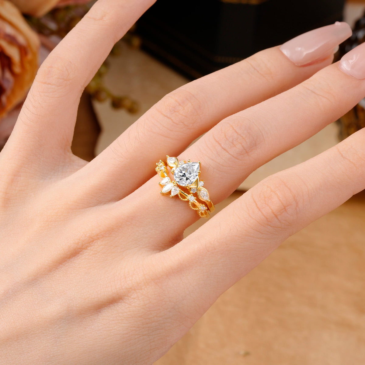 6 Prong Romantic Vine Themed Pear Cut Lab Diamond Bridal Ring Set