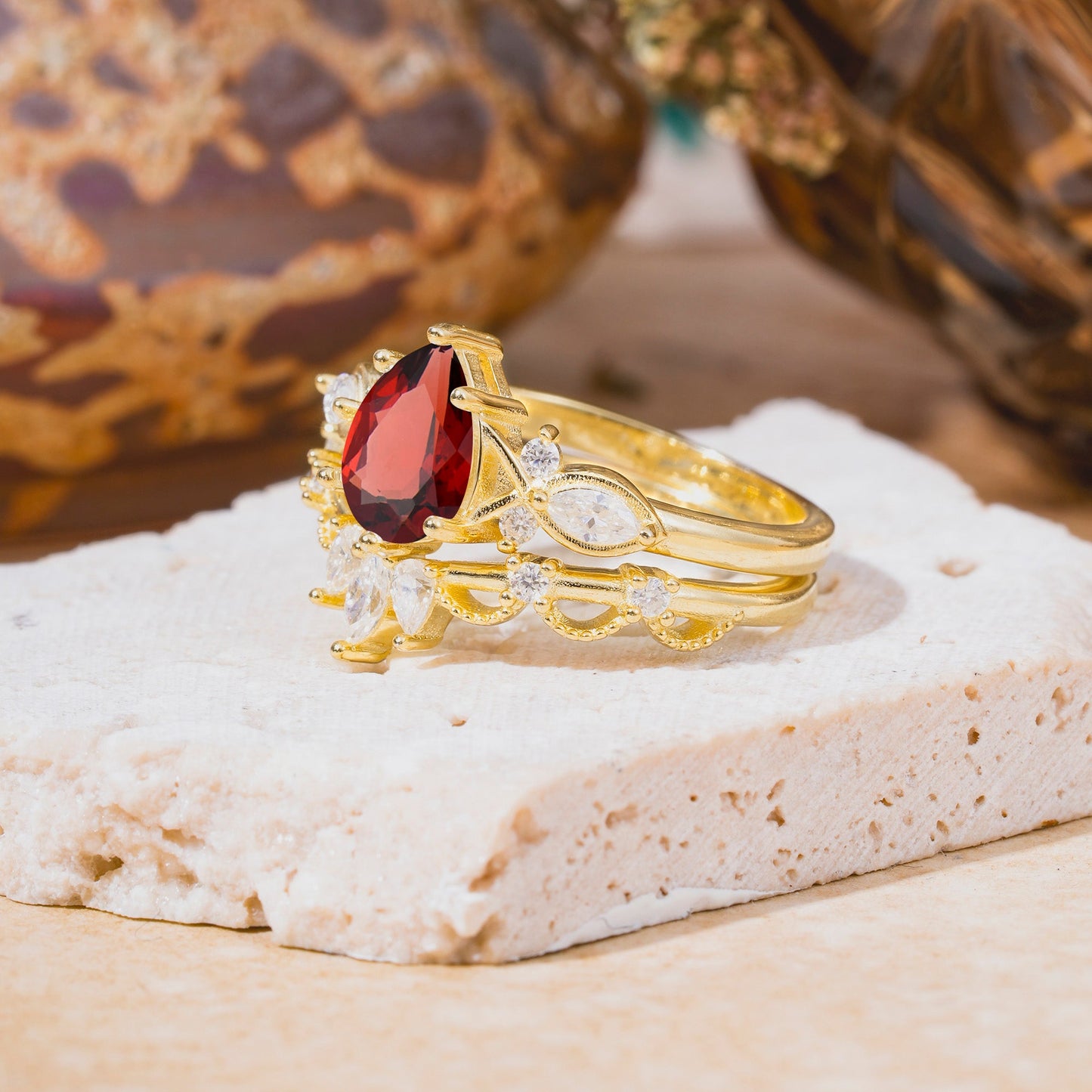 6 Prong Romantic Vine Themed Pear Cut Garnet Bridal Ring Set